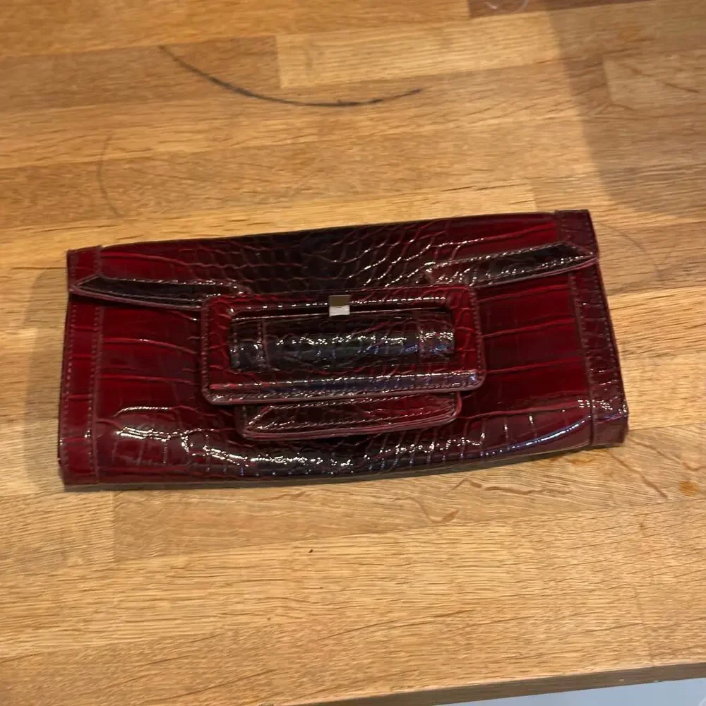 White House Black Market Burgundy Crocodile Print Clutch Shoulder Bag Purse